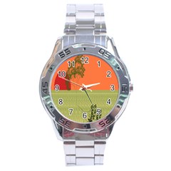 Sunset Orange Green Tree Sun Red Polka Stainless Steel Analogue Watch by Mariart