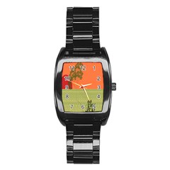 Sunset Orange Green Tree Sun Red Polka Stainless Steel Barrel Watch by Mariart