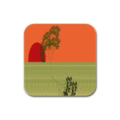 Sunset Orange Green Tree Sun Red Polka Rubber Square Coaster (4 Pack) 