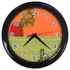 Sunset Orange Green Tree Sun Red Polka Wall Clocks (black)