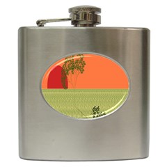 Sunset Orange Green Tree Sun Red Polka Hip Flask (6 Oz) by Mariart