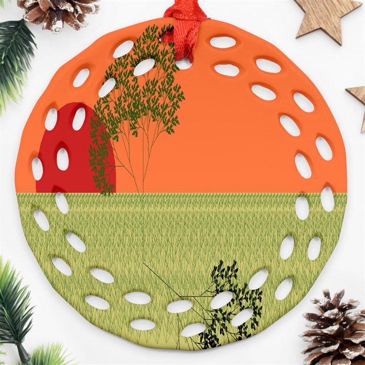 Sunset Orange Green Tree Sun Red Polka Ornament (Round Filigree)