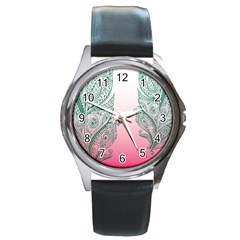 Toggle The Widget Bar Leaf Green Pink Round Metal Watch by Mariart