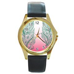 Toggle The Widget Bar Leaf Green Pink Round Gold Metal Watch by Mariart