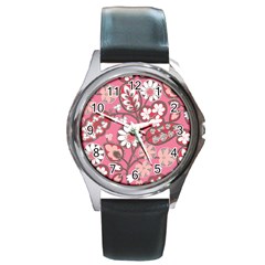 Pink Flower Pattern Round Metal Watch by Nexatart