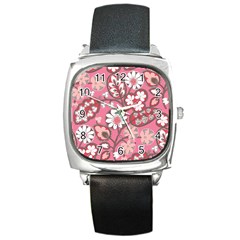 Pink Flower Pattern Square Metal Watch by Nexatart