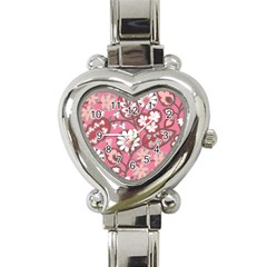 Pink Flower Pattern Heart Italian Charm Watch by Nexatart