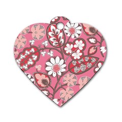 Pink Flower Pattern Dog Tag Heart (two Sides) by Nexatart