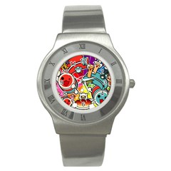 Cute Doodles Wallpaper Background Stainless Steel Watch by Nexatart