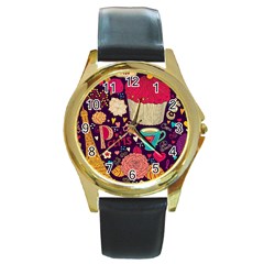 Cute Colorful Doodles Colorful Cute Doodle Paris Round Gold Metal Watch by Nexatart