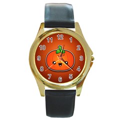 Simple Orange Pumpkin Cute Halloween Round Gold Metal Watch by Nexatart