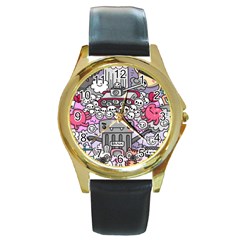 0 Sad War Kawaii Doodle Round Gold Metal Watch by Nexatart