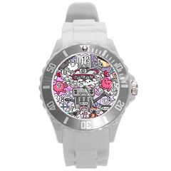 0 Sad War Kawaii Doodle Round Plastic Sport Watch (l) by Nexatart