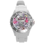 0 Sad War Kawaii Doodle Round Plastic Sport Watch (L) Front