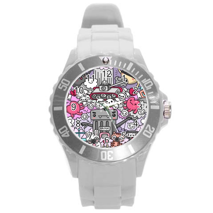 0 Sad War Kawaii Doodle Round Plastic Sport Watch (L)