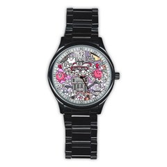 0 Sad War Kawaii Doodle Stainless Steel Round Watch by Nexatart