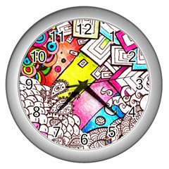 Beautiful Colorful Doodle Wall Clocks (silver)  by Nexatart