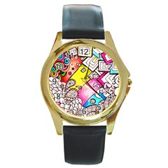 Beautiful Colorful Doodle Round Gold Metal Watch by Nexatart