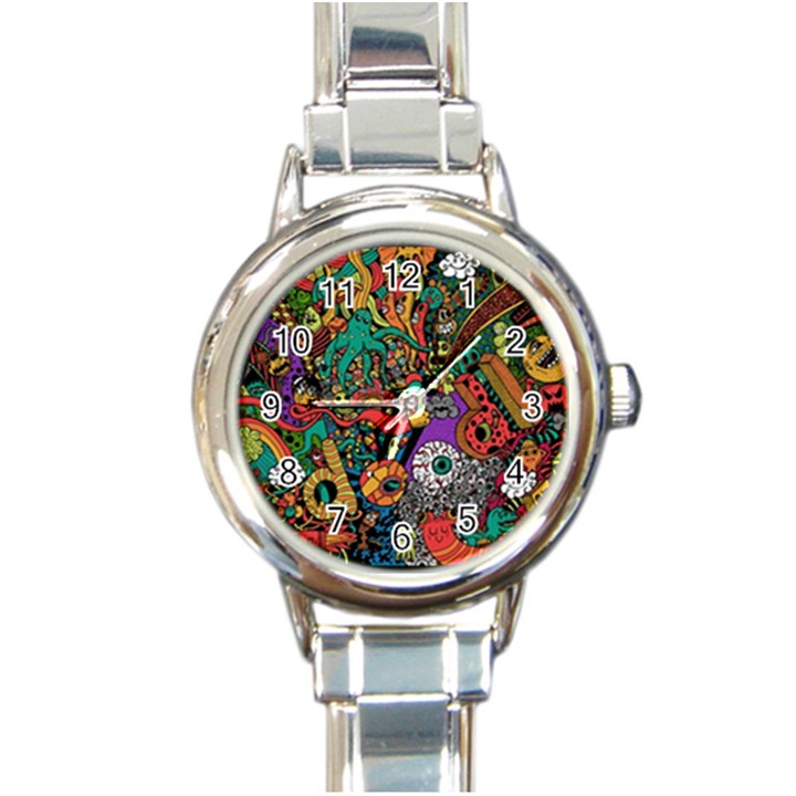 Monsters Colorful Doodle Round Italian Charm Watch