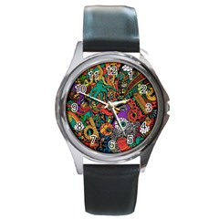 Monsters Colorful Doodle Round Metal Watch by Nexatart