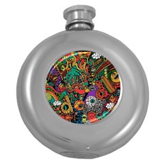 Monsters Colorful Doodle Round Hip Flask (5 Oz) by Nexatart