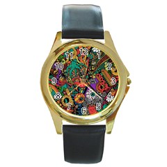 Monsters Colorful Doodle Round Gold Metal Watch by Nexatart