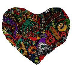 Monsters Colorful Doodle Large 19  Premium Heart Shape Cushions by Nexatart