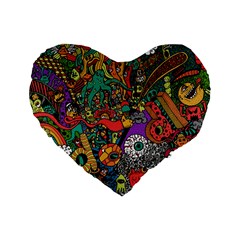 Monsters Colorful Doodle Standard 16  Premium Flano Heart Shape Cushions by Nexatart