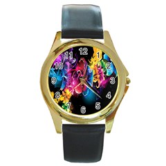 Abstract Patterns Lines Colors Flowers Floral Butterfly Round Gold Metal Watch