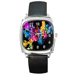 Abstract Patterns Lines Colors Flowers Floral Butterfly Square Metal Watch by Mariart