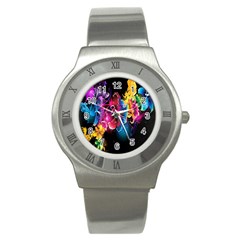 Abstract Patterns Lines Colors Flowers Floral Butterfly Stainless Steel Watch