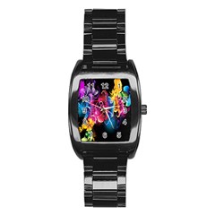 Abstract Patterns Lines Colors Flowers Floral Butterfly Stainless Steel Barrel Watch