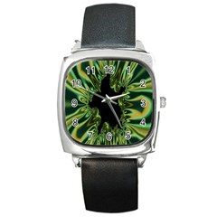 Burning Ship Fractal Silver Green Hole Black Square Metal Watch by Mariart