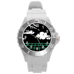 Illustration Cloud Line White Green Black Spot Polka Round Plastic Sport Watch (l) by Mariart