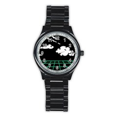 Illustration Cloud Line White Green Black Spot Polka Stainless Steel Round Watch by Mariart