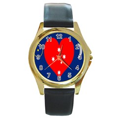 Love Heart Star Circle Polka Moon Red Blue White Round Gold Metal Watch by Mariart