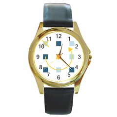 Plaid Arrow Yellow Blue Key Round Gold Metal Watch by Mariart