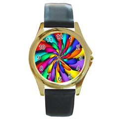 Star Flower Color Rainbow Round Gold Metal Watch