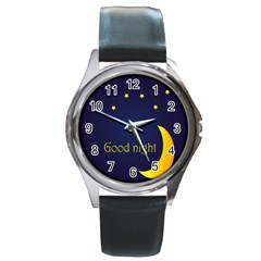 Star Moon Good Night Blue Sky Yellow Light Round Metal Watch by Mariart