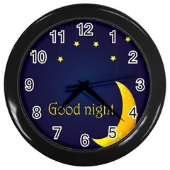 Star Moon Good Night Blue Sky Yellow Light Wall Clocks (black) by Mariart