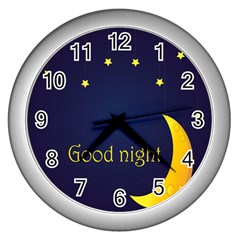 Star Moon Good Night Blue Sky Yellow Light Wall Clocks (silver) 