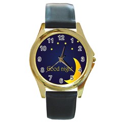 Star Moon Good Night Blue Sky Yellow Light Round Gold Metal Watch by Mariart