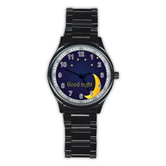 Star Moon Good Night Blue Sky Yellow Light Stainless Steel Round Watch by Mariart