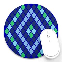 Blue Diamonds Green Grey Plaid Line Chevron Round Mousepads by Mariart