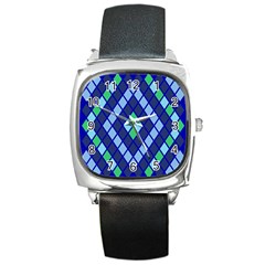 Blue Diamonds Green Grey Plaid Line Chevron Square Metal Watch by Mariart