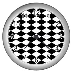 Diamond Black White Plaid Chevron Wall Clocks (silver)  by Mariart