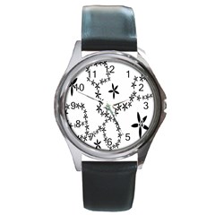 Flower Floral Black Line Wave Chevron Fleurs Round Metal Watch