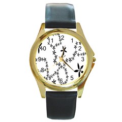 Flower Floral Black Line Wave Chevron Fleurs Round Gold Metal Watch by Mariart