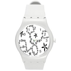 Flower Floral Black Line Wave Chevron Fleurs Round Plastic Sport Watch (M)