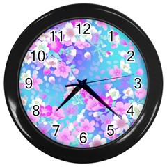 Flowers Cute Pattern Wall Clocks (black) by Nexatart